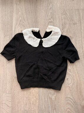 Miu Miu Black Knit Top SUPER CROPPED with Contrast Crochet Collar